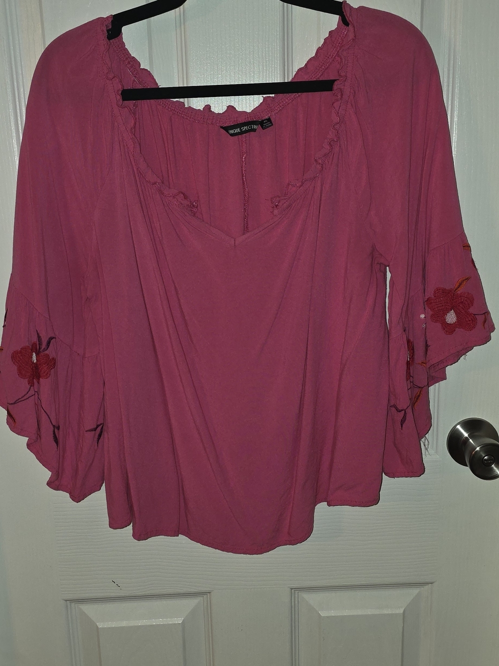 Unique Spectrum Fuchsia Floral-Embroidered Bell Sleeve Blouse